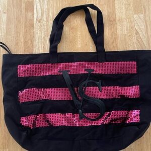 𝅺VICTORIA’S SECRET Black & Pink Sequin  Tote Weekender Bag Limited Edition